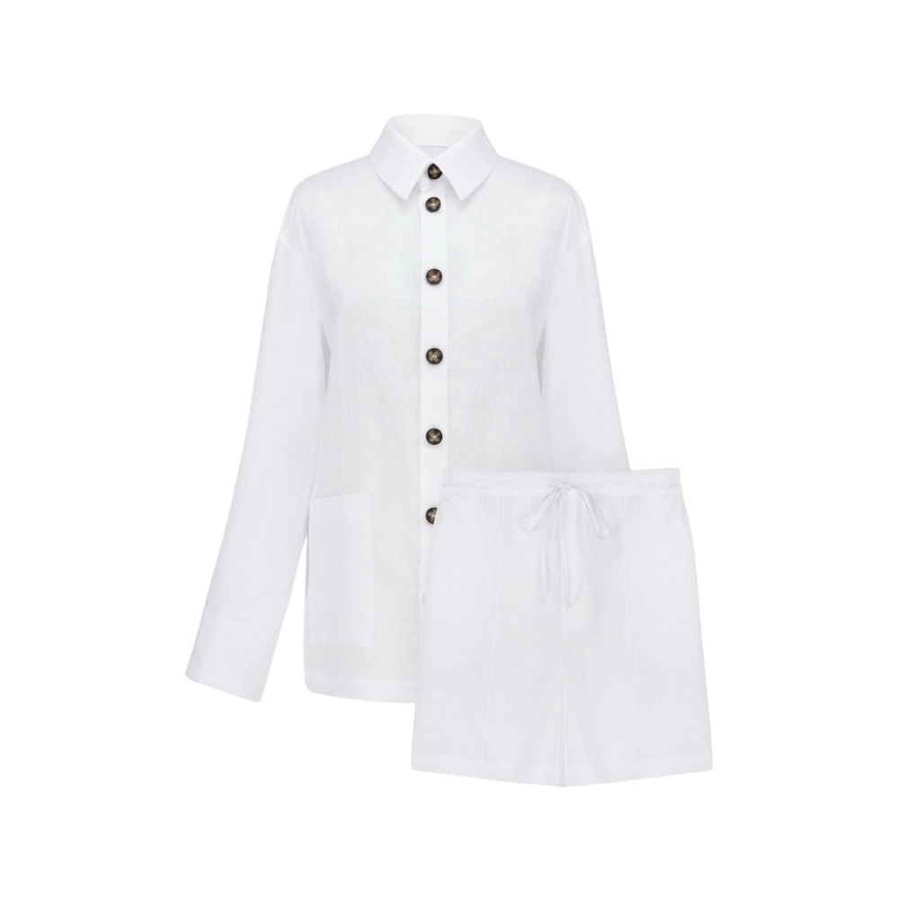 SLEEPER Linen Pajama Set With Shorts, White, XS/S - Picture 6 of 14